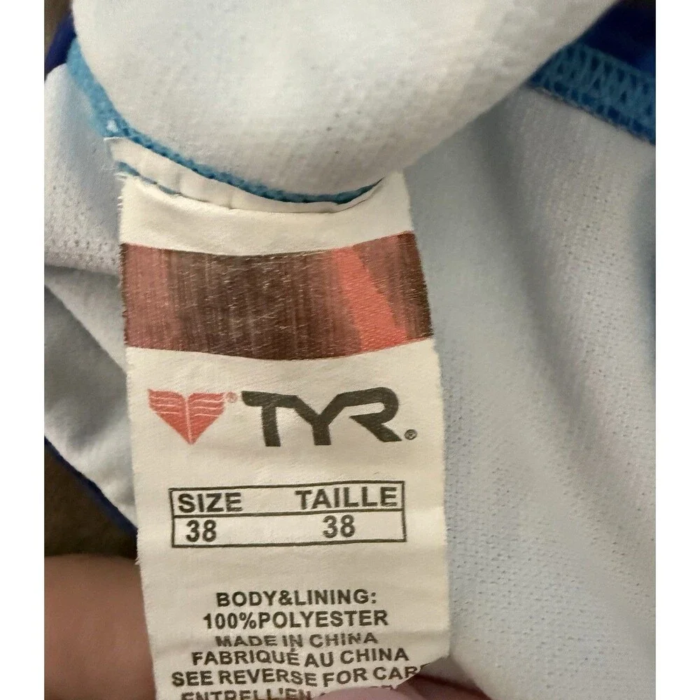 TYR Durafast Size 38 Blue Abstract Open Back Swimsuit Lap Training Competition